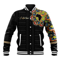 Black varsity baseball jacket with multicolor African pattern sleeve, striped rib cuffs