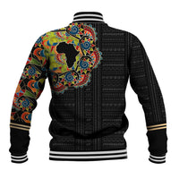 Black baseball jacket with multicolor African skull back print and ribbed striped hem