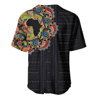 Black baseball jersey with colorful African map medallion on back and patterned body.