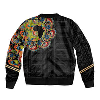 Black bomber jacket with multicolored African pattern back panel and ribbed cuffs
