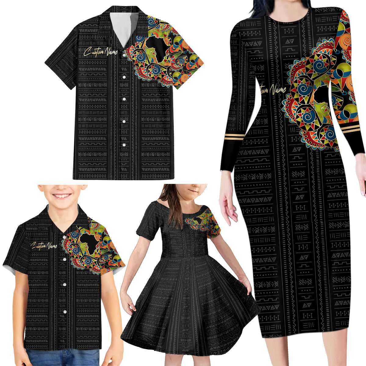 Personalized Sleeve African Pattern Family Matching Long Sleeve Bodycon Dress and Hawaiian Shirt Multi-Colored