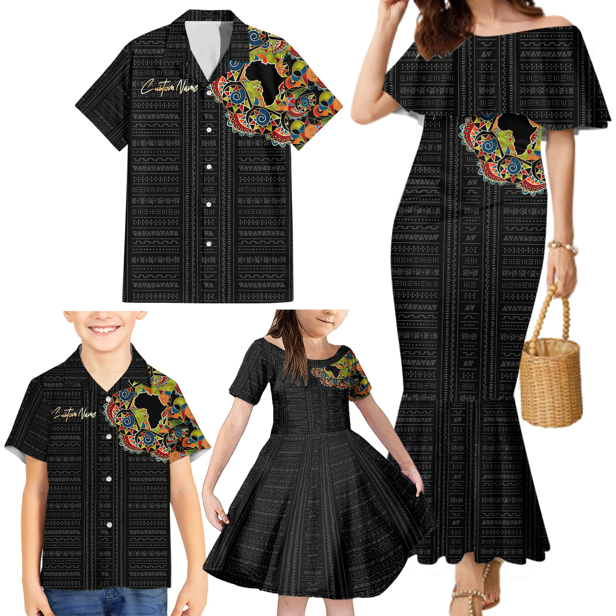 Personalized Sleeve African Pattern Family Matching Mermaid Dress and Hawaiian Shirt Multi-Colored