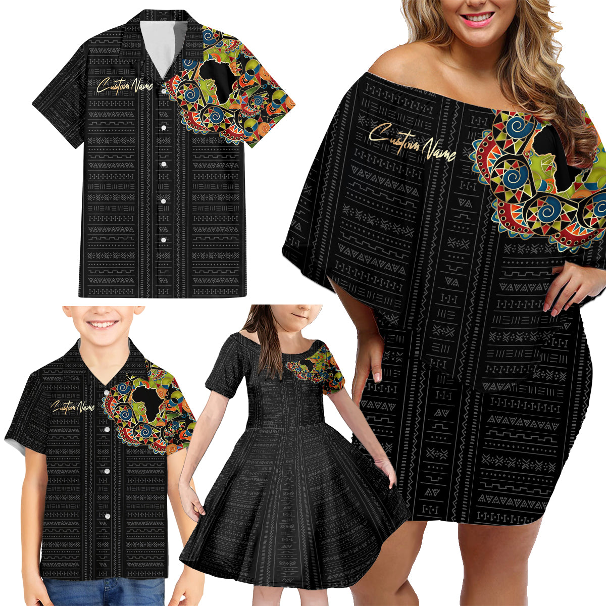 Personalized Sleeve African Pattern Family Matching Off Shoulder Short Dress and Hawaiian Shirt Multi-Colored