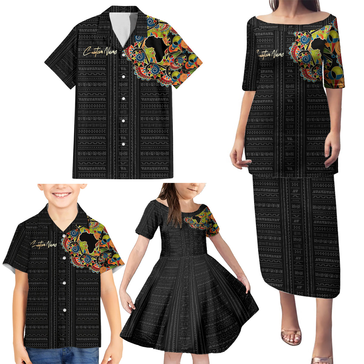 Personalized Sleeve African Pattern Family Matching Puletasi and Hawaiian Shirt Multi-Colored