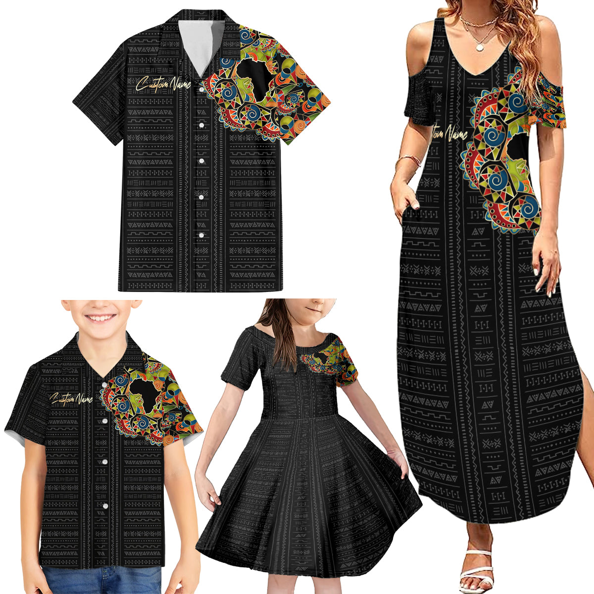 Personalized Sleeve African Pattern Family Matching Summer Maxi Dress and Hawaiian Shirt Multi-Colored