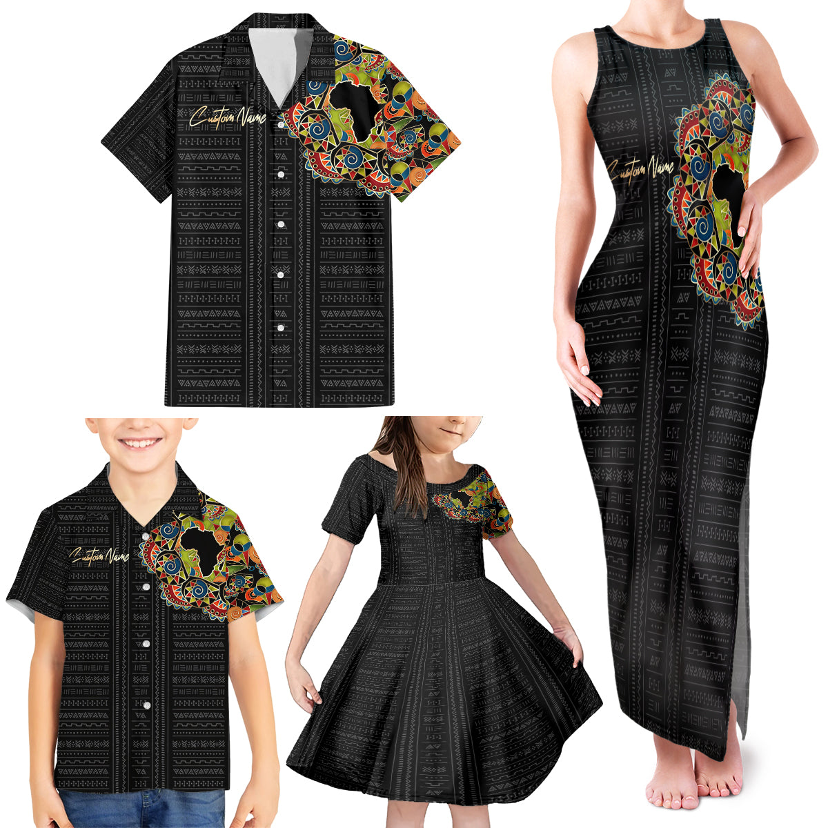 Personalized Sleeve African Pattern Family Matching Tank Maxi Dress and Hawaiian Shirt Multi-Colored