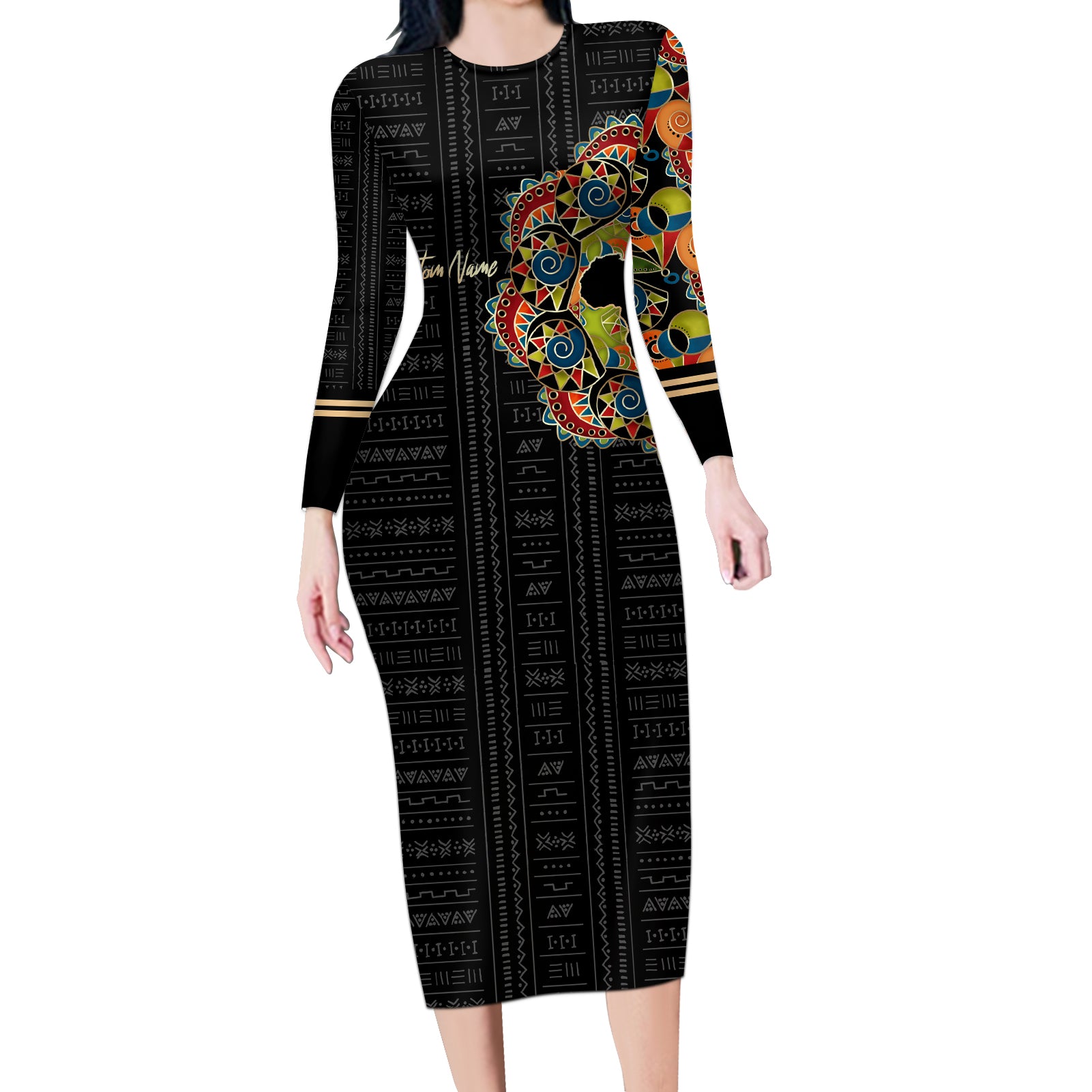 Personalized Sleeve African Pattern Long Sleeve Bodycon Dress Multi-Colored