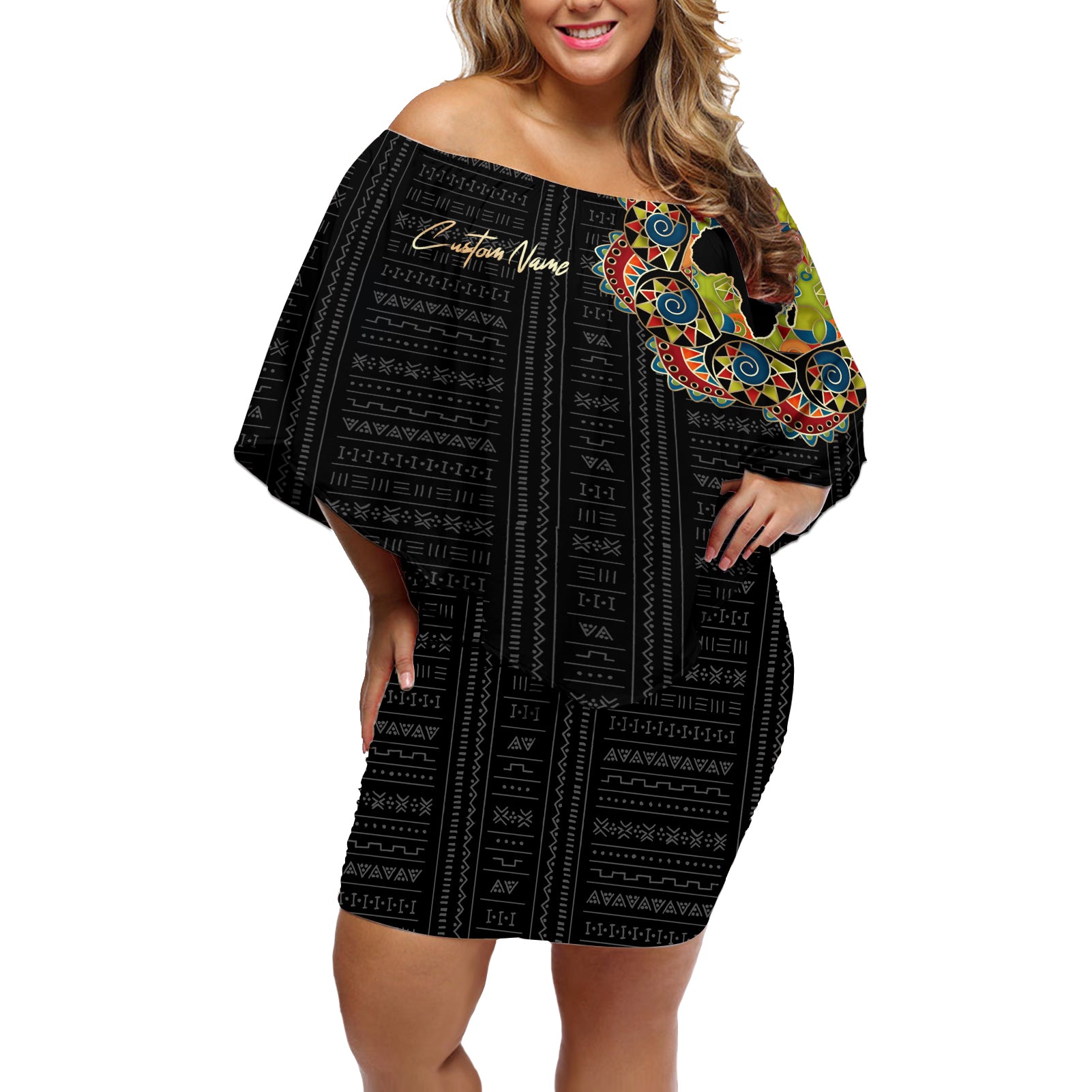 Personalized Sleeve African Pattern Off Shoulder Short Dress Multi-Colored