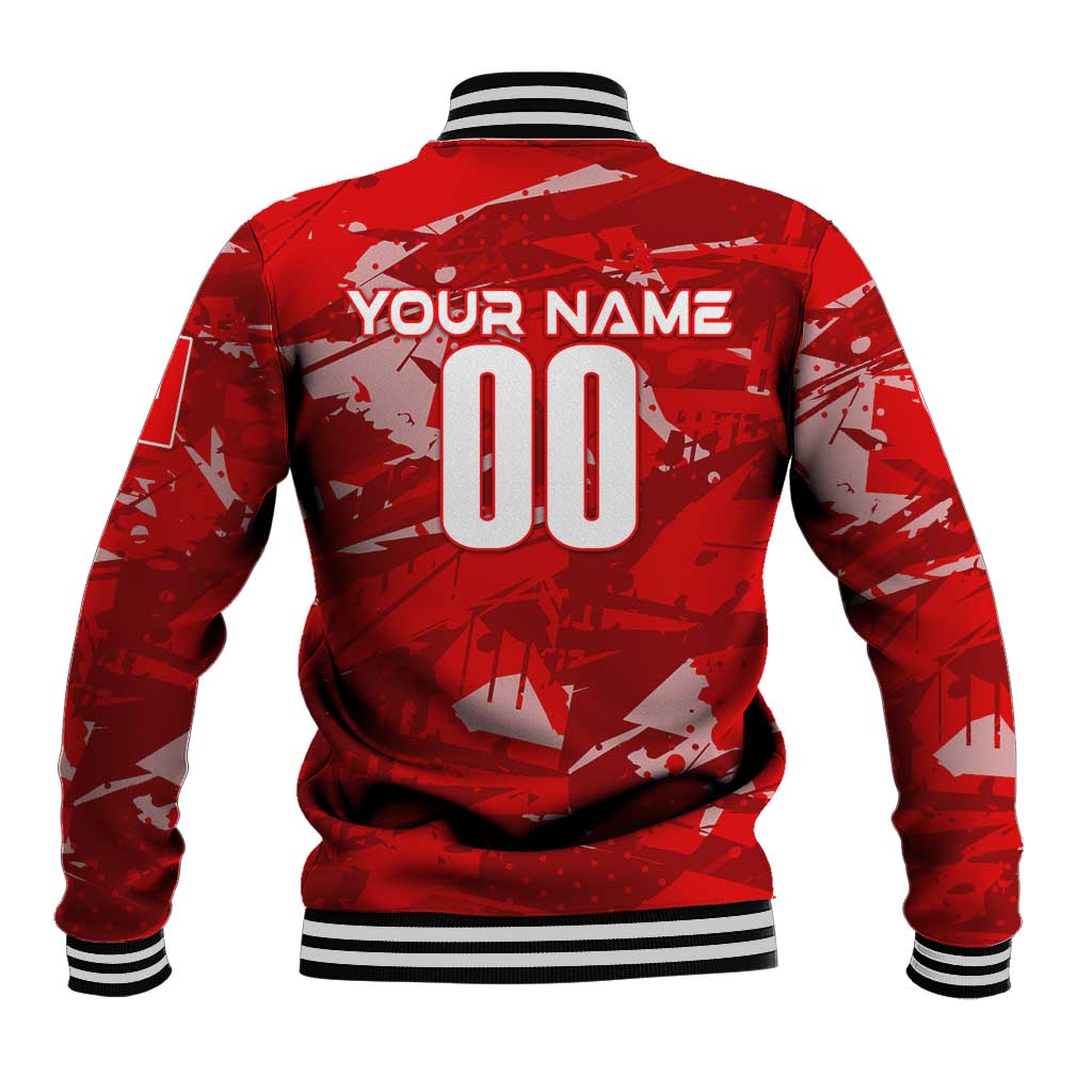 Red baseball jacket with striped rib collar and cuffs, back text 'YOUR NAME' and number 00