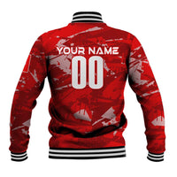 Red baseball jacket with striped rib collar and cuffs, back text 'YOUR NAME' and number 00