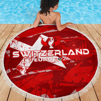 Red round beach blanket with white fringe and Switzerland Euro 2024 star design.