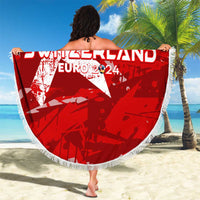 Red round beach blanket with white fringe, Switzerland Euro 2024 star printed.