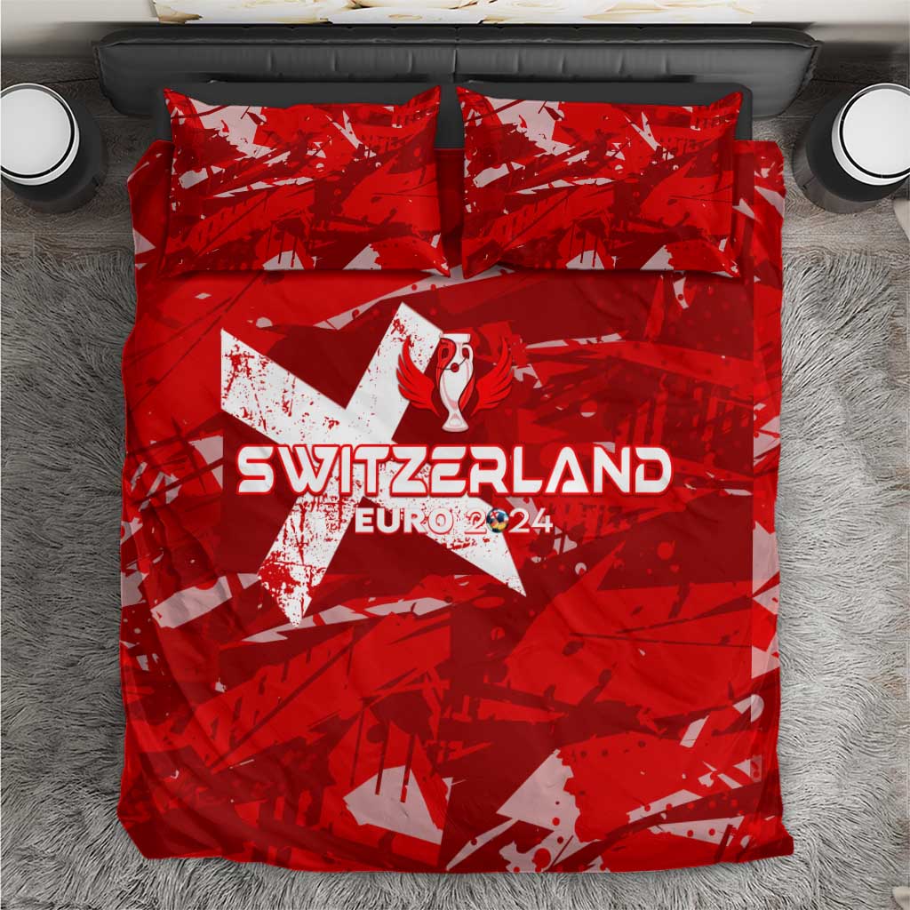Red Switzerland Euro 2024 football bedding set with star and trophy graphics on duvet and pillows