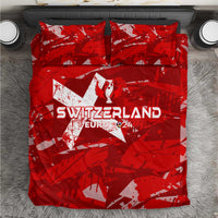 Red Switzerland Euro 2024 football bedding set with star and trophy graphics on duvet and pillows