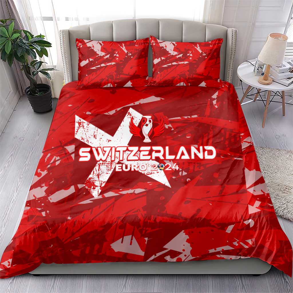 Red Switzerland Euro 2024 bedding set: duvet and two pillowcases with star and trophy print