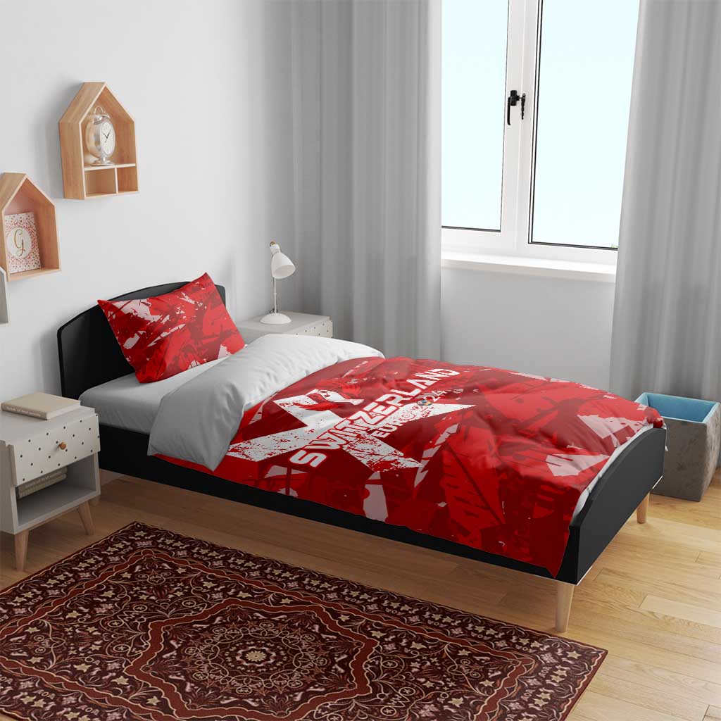 Red Switzerland Euro 2024 comforter set with matching pillowcases and star trophy design