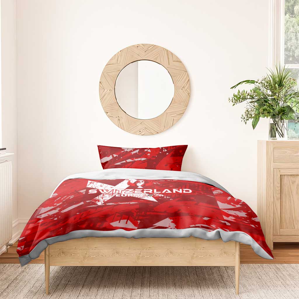 Red Switzerland Euro 2024 bedding set with star and trophy pattern on duvet and pillowcases