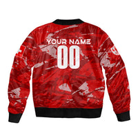 Red bomber jacket with back print 'YOUR NAME' and '00', full-zip, ribbed cuffs