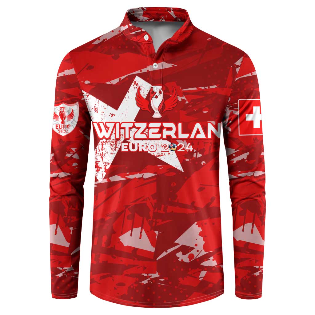 Red Switzerland football button sweatshirt with collar, front Euro 2024 graphic and flag