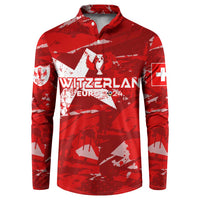 Red Switzerland football button sweatshirt with collar, front Euro 2024 graphic and flag