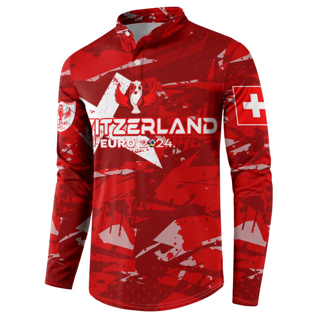 Red Switzerland football sweatshirt with collar, front WITZERLAN Euro 2024 emblem