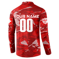 Red football sweatshirt back view with YOUR NAME and large 00 number graphic