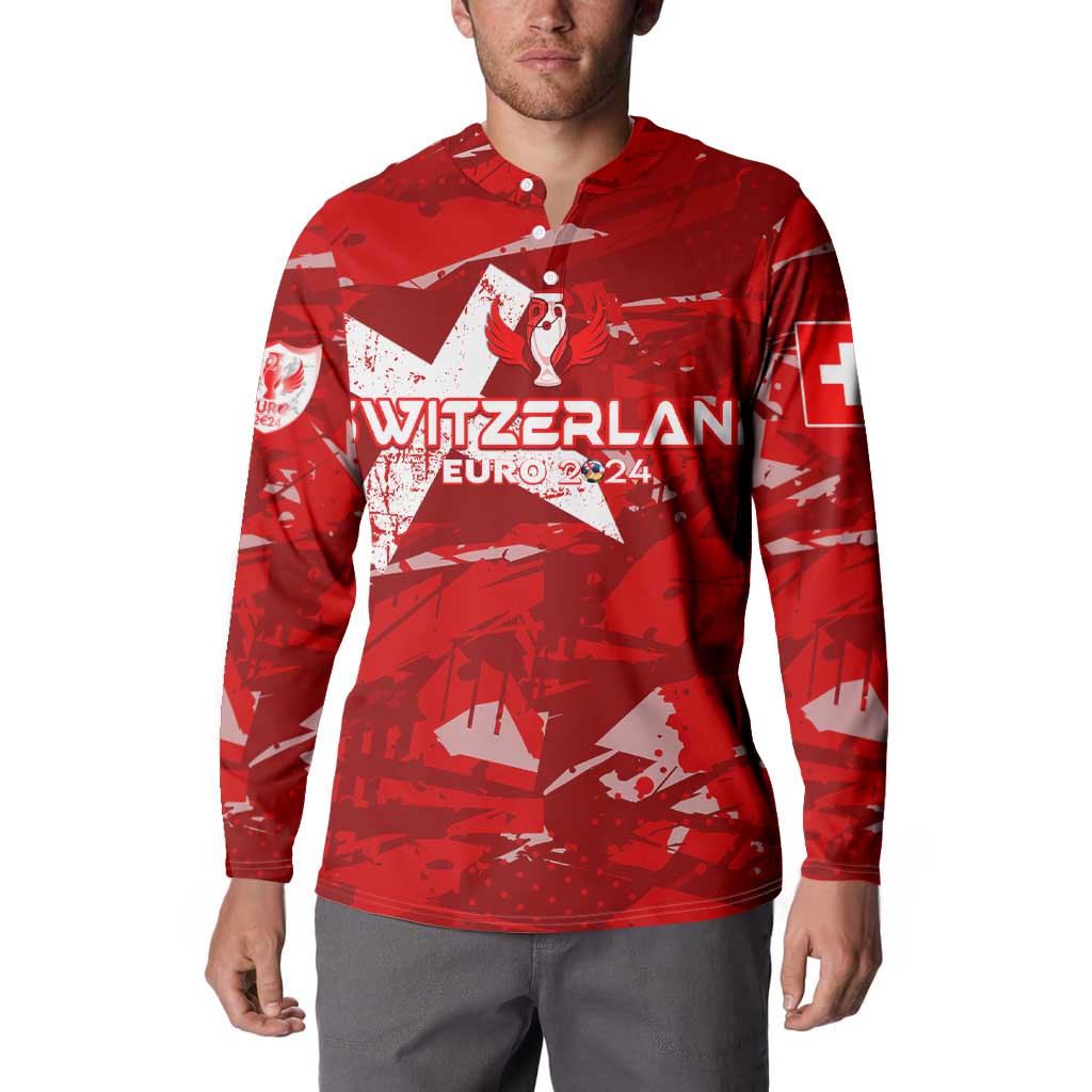 Red football sweatshirt front on model with collar and WITZERLAN Euro 2024 logo