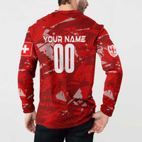 Red football sweatshirt back on model with YOUR NAME and 00 number, Swiss flag sleeve