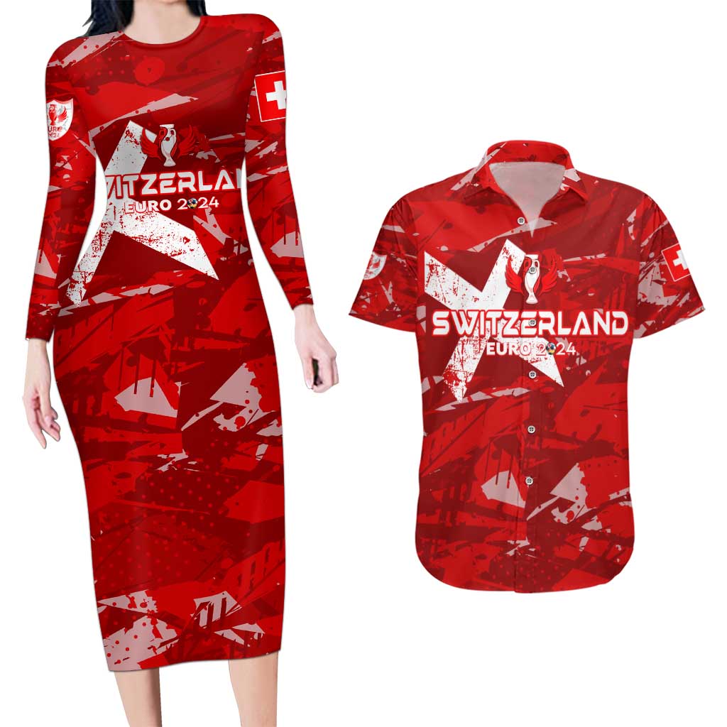 Personalized Switzerland Football 2024 Couples Matching Long Sleeve Bodycon Dress and Hawaiian Shirt Trophy Wing Style - Wonder Print Shop