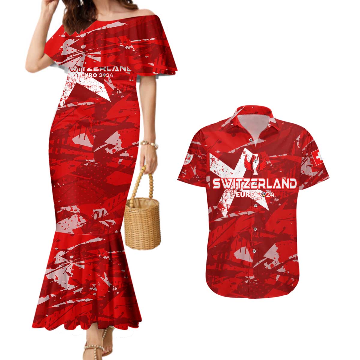 Personalized Switzerland Football 2024 Couples Matching Mermaid Dress and Hawaiian Shirt Trophy Wing Style - Wonder Print Shop