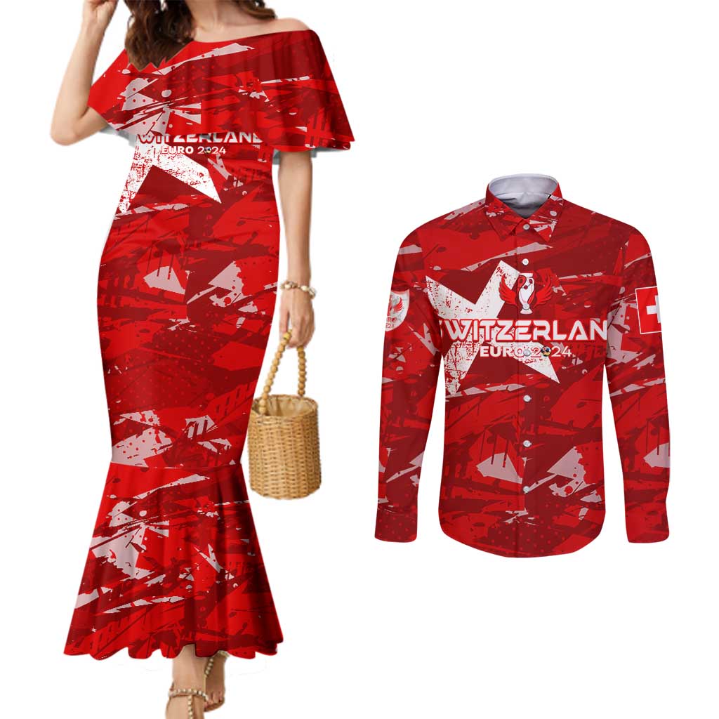 Personalized Switzerland Football 2024 Couples Matching Mermaid Dress and Long Sleeve Button Shirt Trophy Wing Style