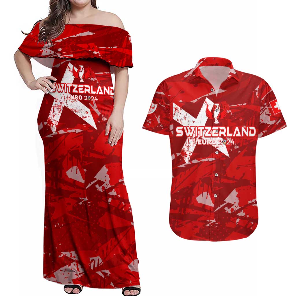 Personalized Switzerland Football 2024 Couples Matching Off Shoulder Maxi Dress and Hawaiian Shirt Trophy Wing Style - Wonder Print Shop