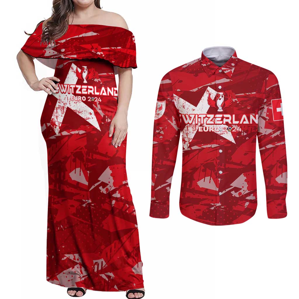 Personalized Switzerland Football 2024 Couples Matching Off Shoulder Maxi Dress and Long Sleeve Button Shirt Trophy Wing Style - Wonder Print Shop