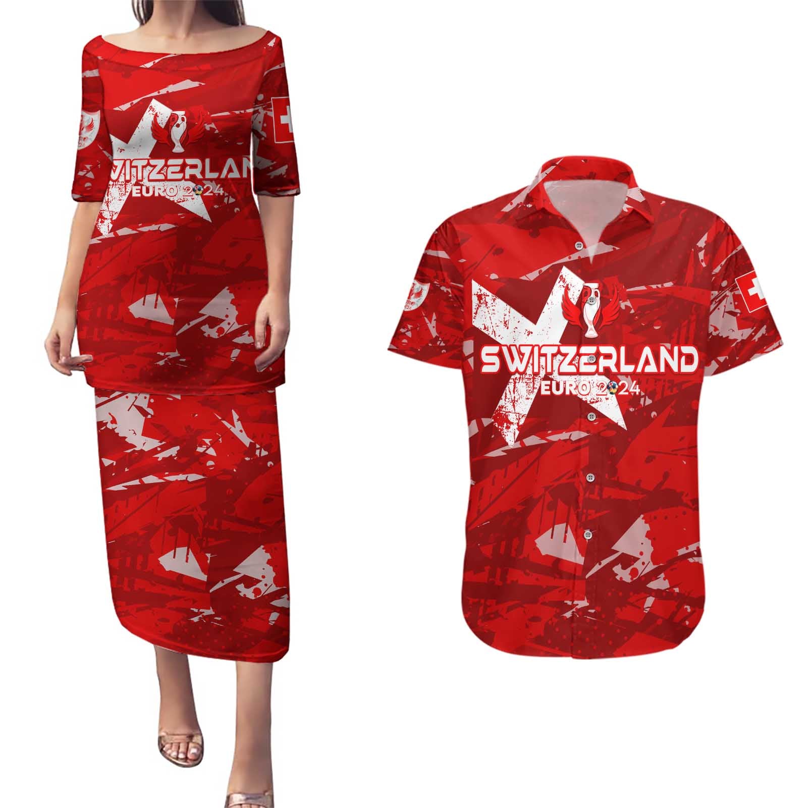 Personalized Switzerland Football 2024 Couples Matching Puletasi and Hawaiian Shirt Trophy Wing Style - Wonder Print Shop