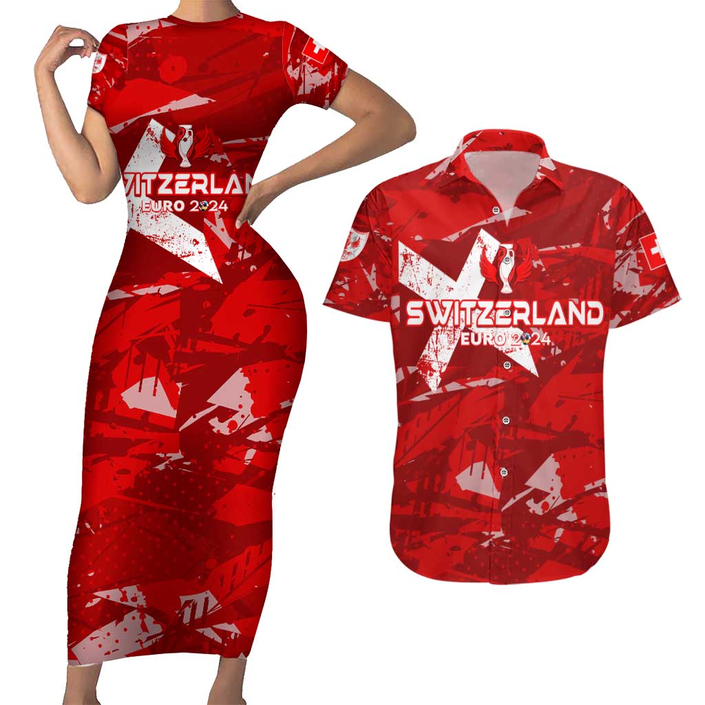 Personalized Switzerland Football 2024 Couples Matching Short Sleeve Bodycon Dress and Hawaiian Shirt Trophy Wing Style - Wonder Print Shop