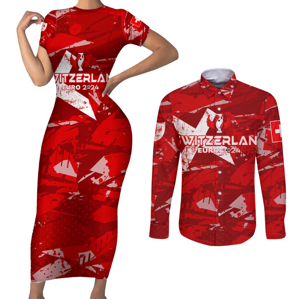 Personalized Switzerland Football 2024 Couples Matching Short Sleeve Bodycon Dress and Long Sleeve Button Shirt Trophy Wing Style - Wonder Print Shop