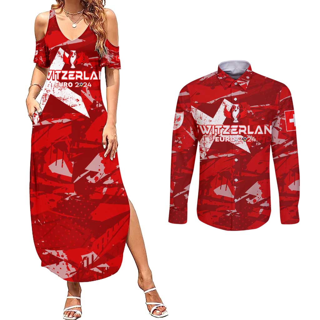 Personalized Switzerland Football 2024 Couples Matching Summer Maxi Dress and Long Sleeve Button Shirt Trophy Wing Style - Wonder Print Shop