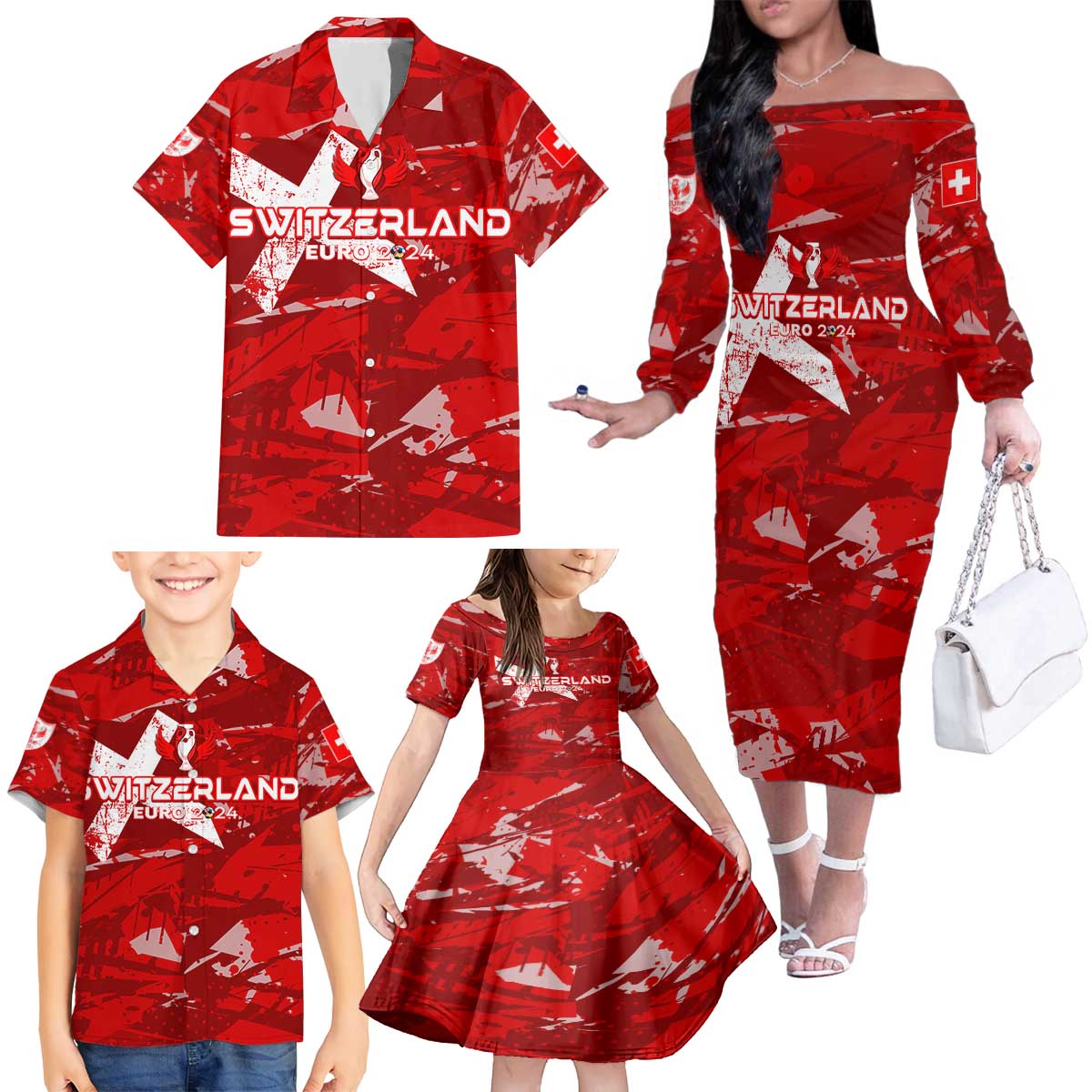 Personalized Switzerland Football 2024 Family Matching Off The Shoulder Long Sleeve Dress and Hawaiian Shirt Trophy Wing Style - Wonder Print Shop