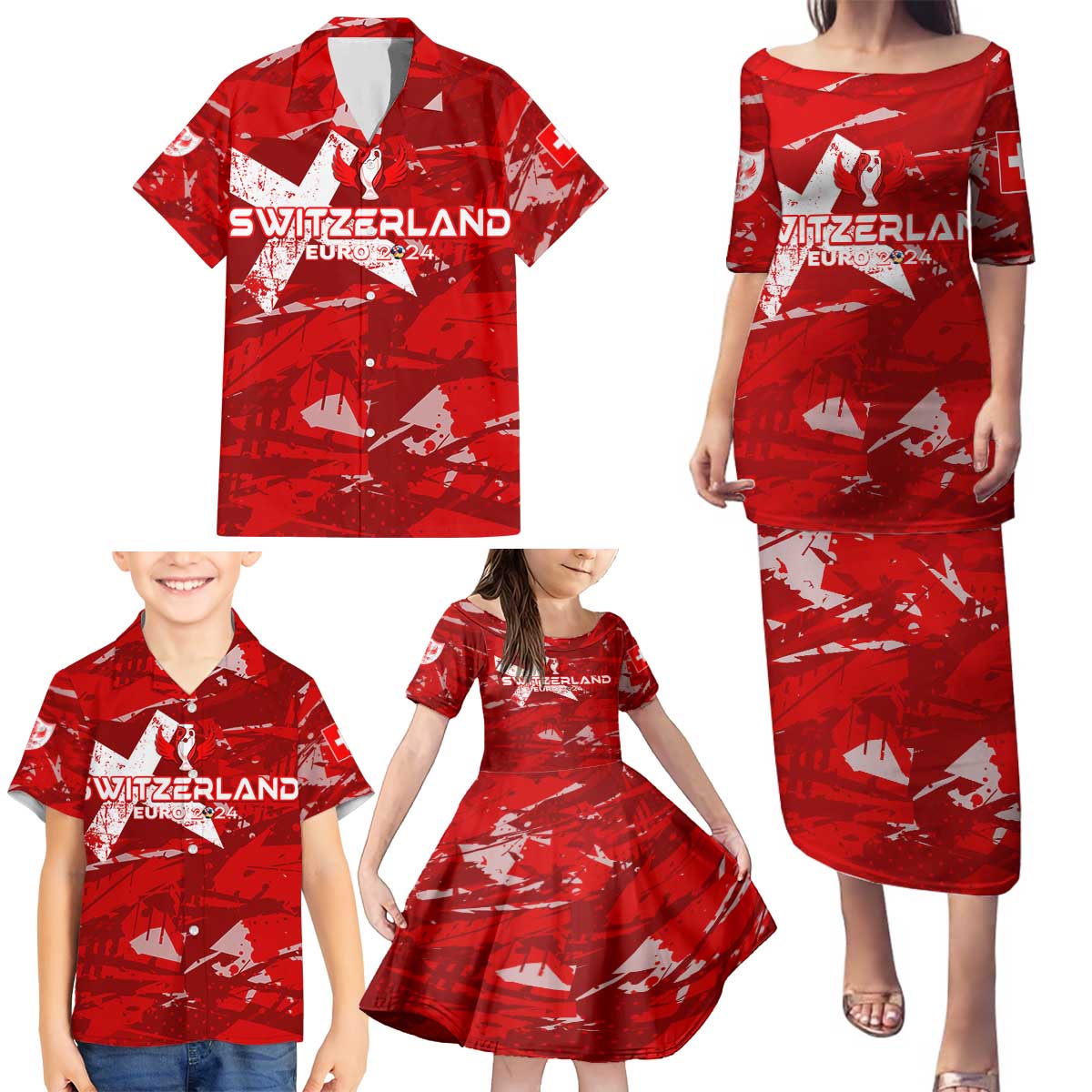 Personalized Switzerland Football 2024 Family Matching Puletasi and Hawaiian Shirt Trophy Wing Style - Wonder Print Shop