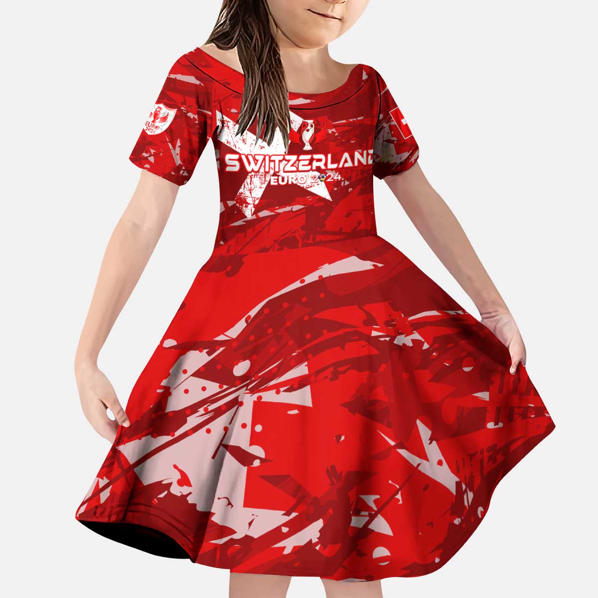 Personalized Switzerland Football 2024 Kid Short Sleeve Dress Trophy Wing Style - Wonder Print Shop