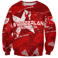 Red crewneck sweatshirt with Switzerland star and trophy graphic, 'EURO 2024' text