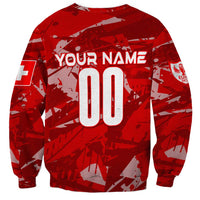Red crewneck sweatshirt with 'YOUR NAME' and large '00' number on back