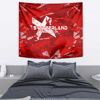 Red football tapestry with Switzerland EURO 2024 emblem and text, hanging above bed