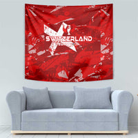 Red Switzerland EURO 2024 football tapestry with star emblem and text, displayed on wall