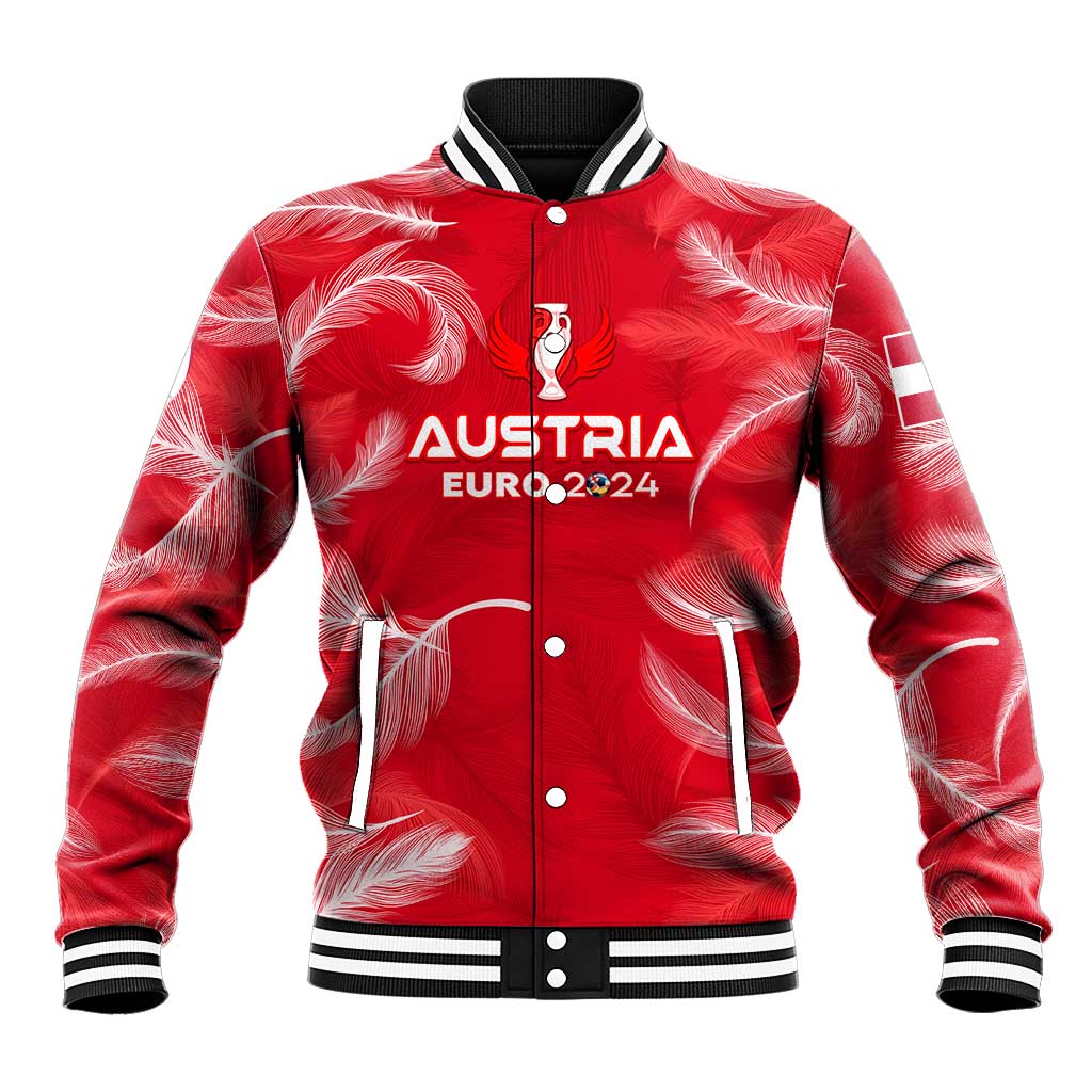 Red feather-pattern baseball varsity jacket with snap buttons, striped rib collar and cuffs