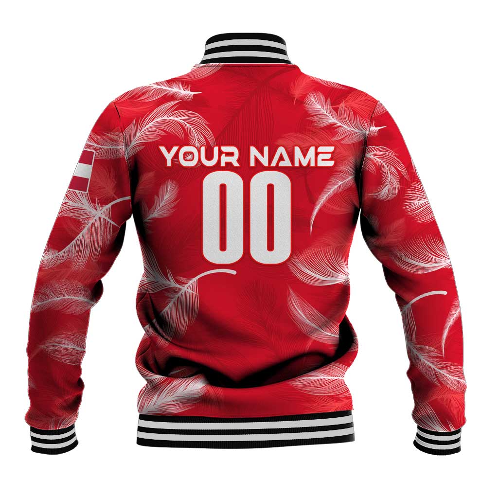 Red feather-pattern baseball jacket back with YOUR NAME, large number, striped rib hem