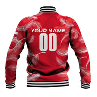 Red feather-pattern baseball jacket back with YOUR NAME, large number, striped rib hem