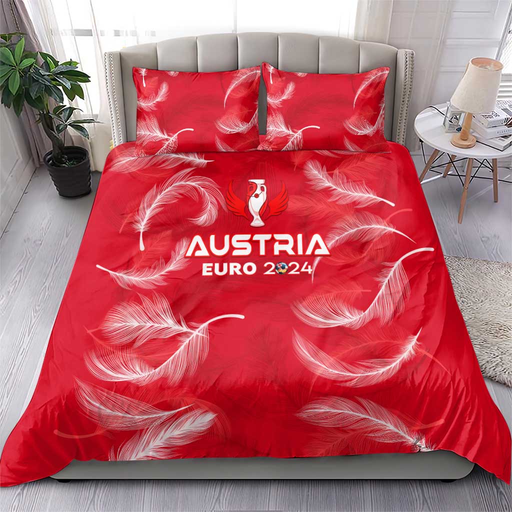 Red duvet cover with AUSTRIA EURO 2024 and white feather graphic, paired pillowcases