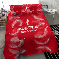 Red duvet cover with trophy logo and AUSTRIA EURO 2024, white feather patterns, 2 pillows