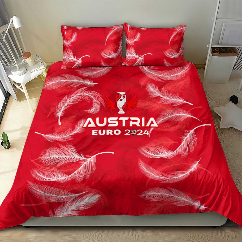 Red bedding set: duvet cover with AUSTRIA EURO 2024 logo and white feather motifs, 2 pillows